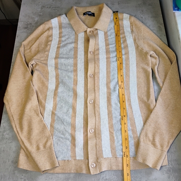 Express Stripe Button Down Sweater Polo Men Small Beige Neutral Cardigan Preppy - Picture 8 of 10